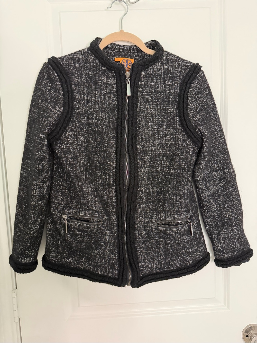 Tory Burch Black and Gray Textured Knit Zip Jacket